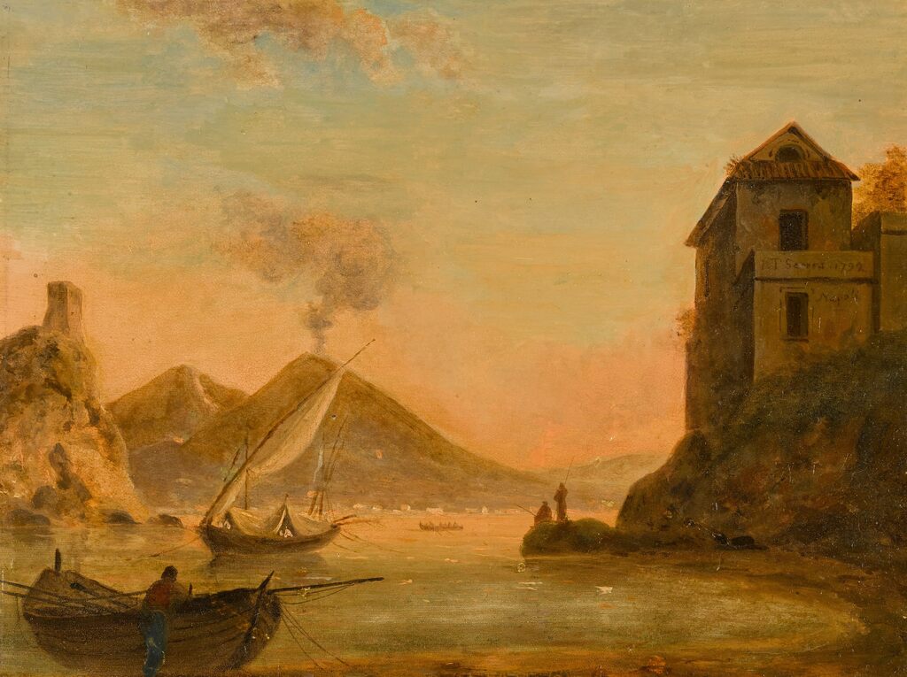 Naples, a view of the bay with Vesuvius erupting beyond