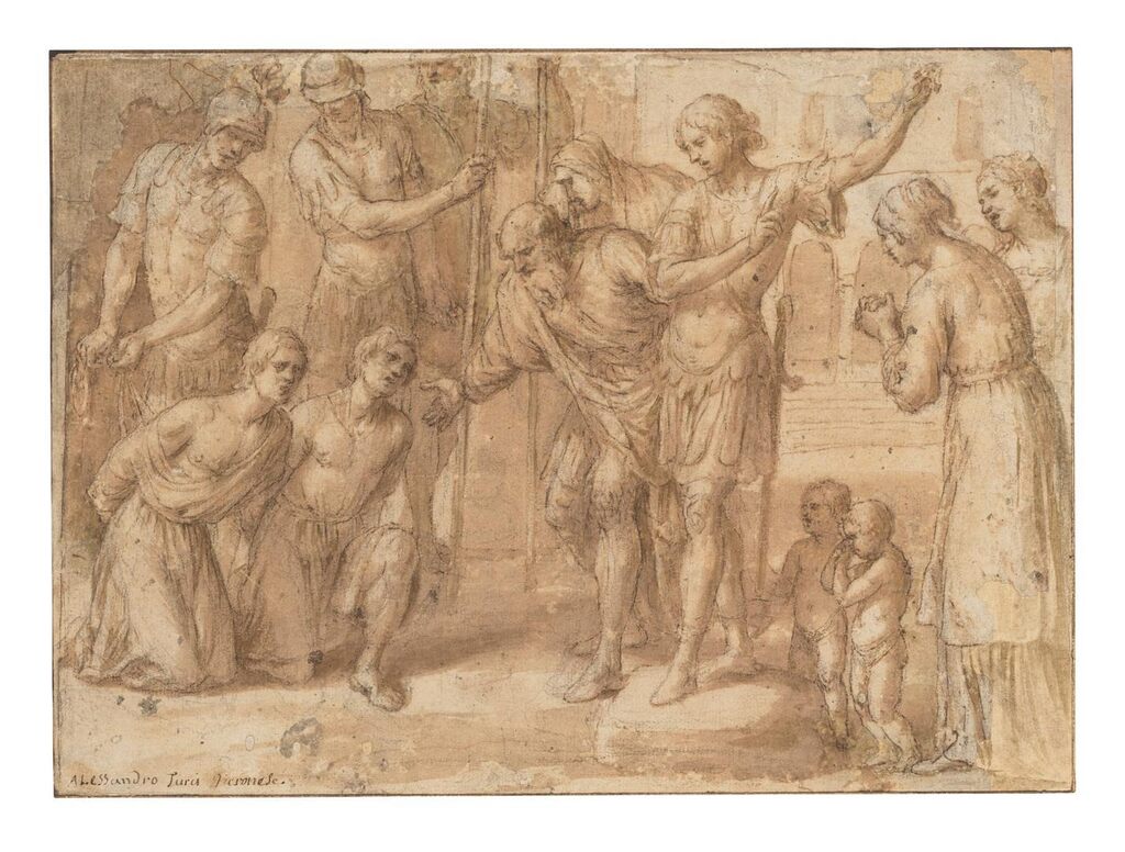 A young general, possibly Alexander, showing clemency to two prisoners