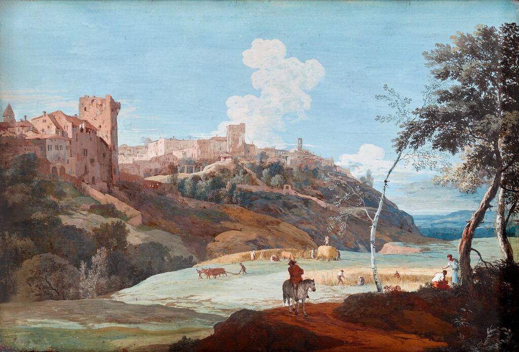Summer Landscape with an Italian Hill Town and Grain Harvesters