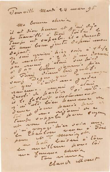 Autograph letter to his wife, about Degas and Frits Thaulow, Pourville-sur-Mer, 24 March 1896
