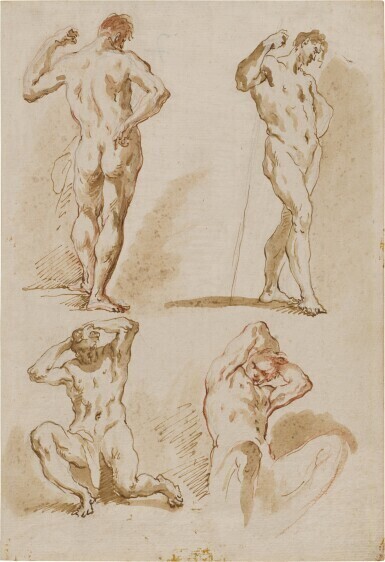 Two Sheets depicting male academy studies: A) Study of Four Male Nude B) Study of Five Male Nude
