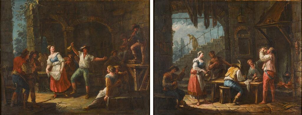 A pair of tavern scenes with peasants drinking, dancing and making music