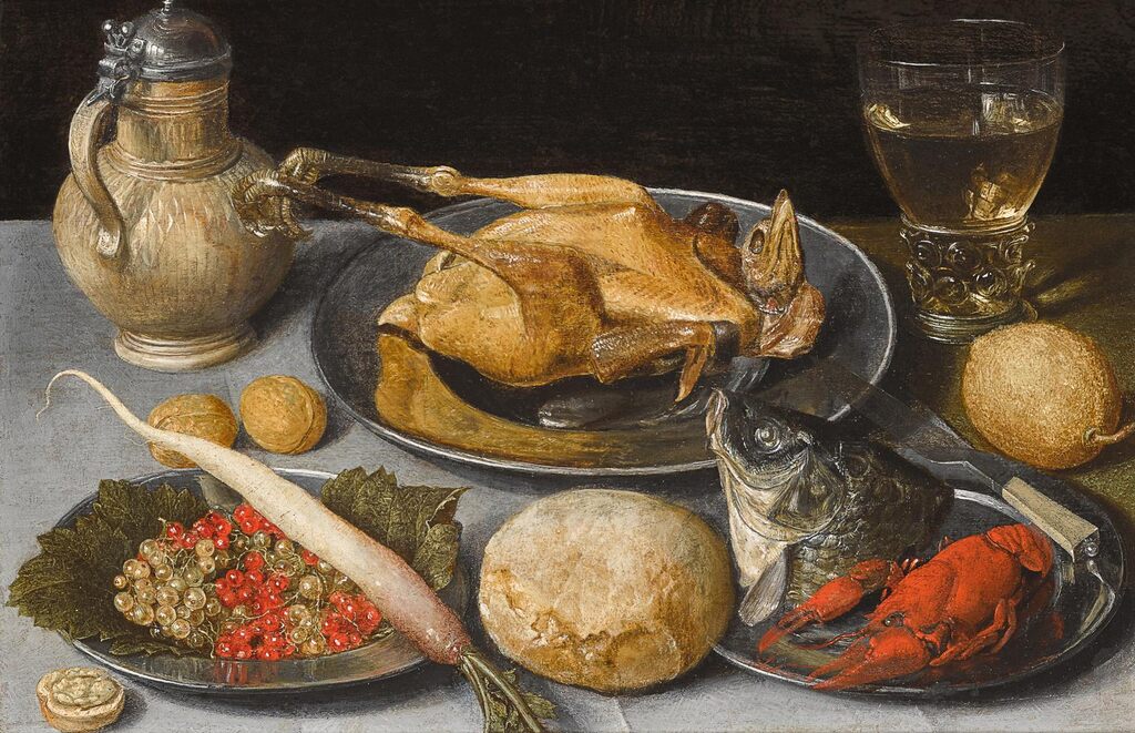 Still Life with a Roast Fowl, Carp's Head, Crayfish, Currants, and a Radish in Pewter Dishes, a Roemer and Earthenware Jug upon a Tabletop