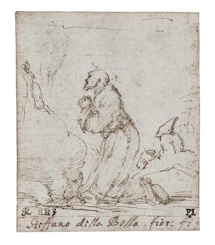 Saint Francis kneeling in front of a Crucifix