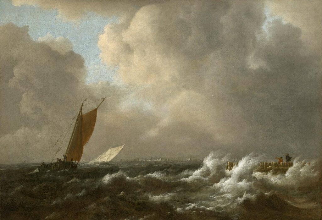 Sailing vessels in a stormy sea, with a jetty to the right