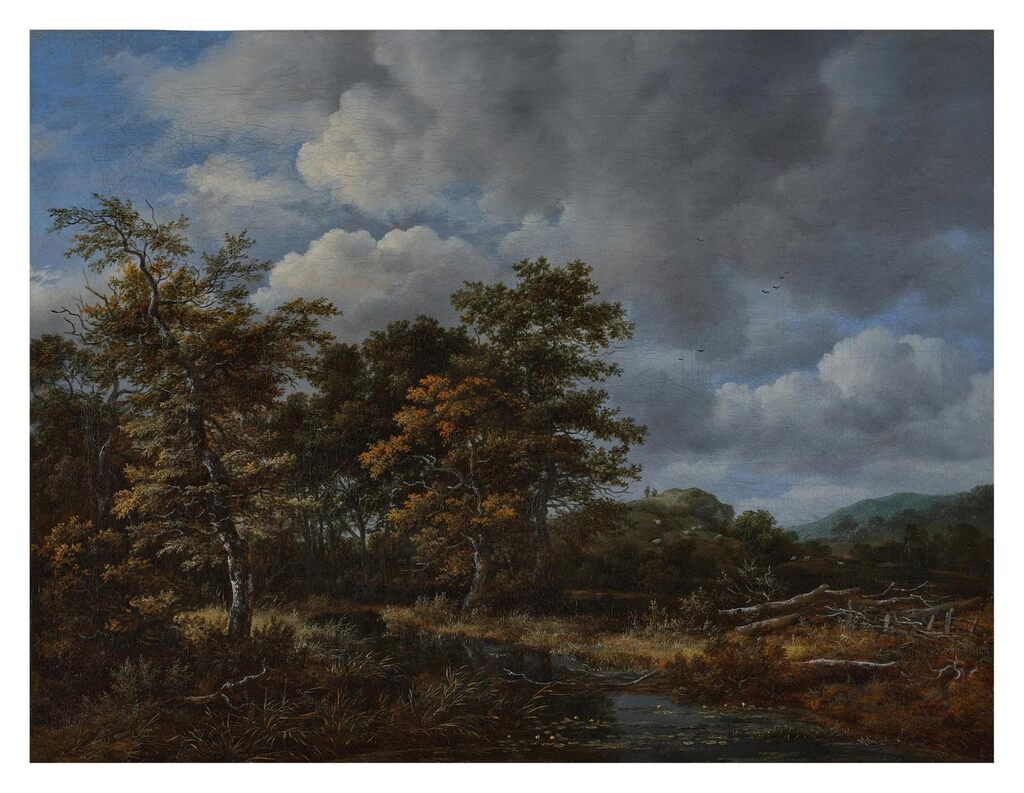 A wooded landscape with a stream and a group of trees