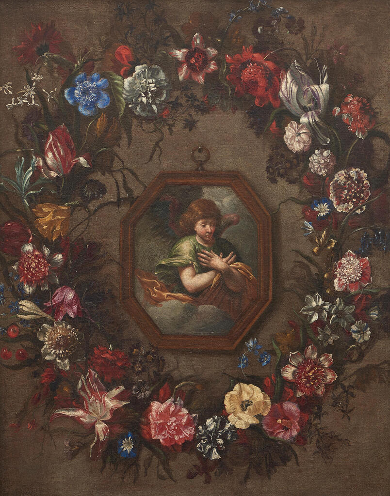 L'ange de l'Annonciation entouré d'une guirlande de fleurs