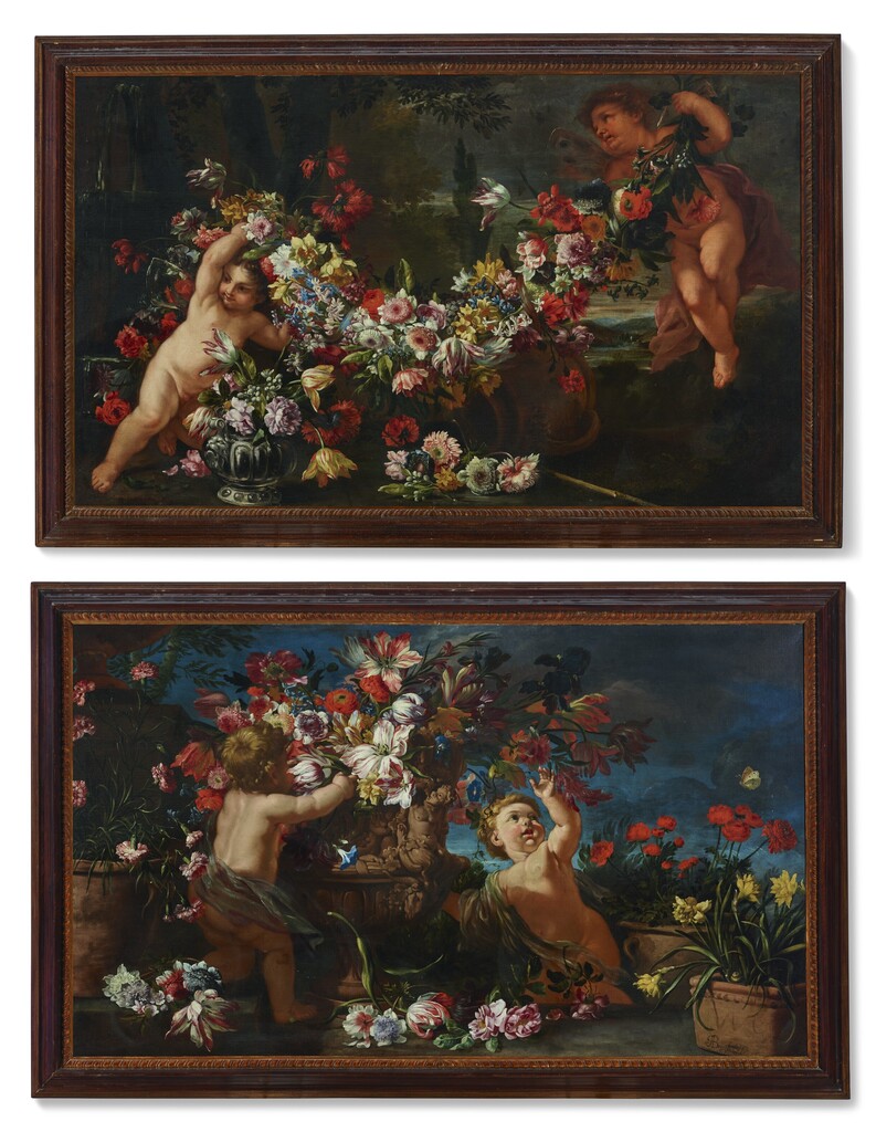 Vases of flowers with putti in a landscape; and Garlands of flowers with putti in a landscape