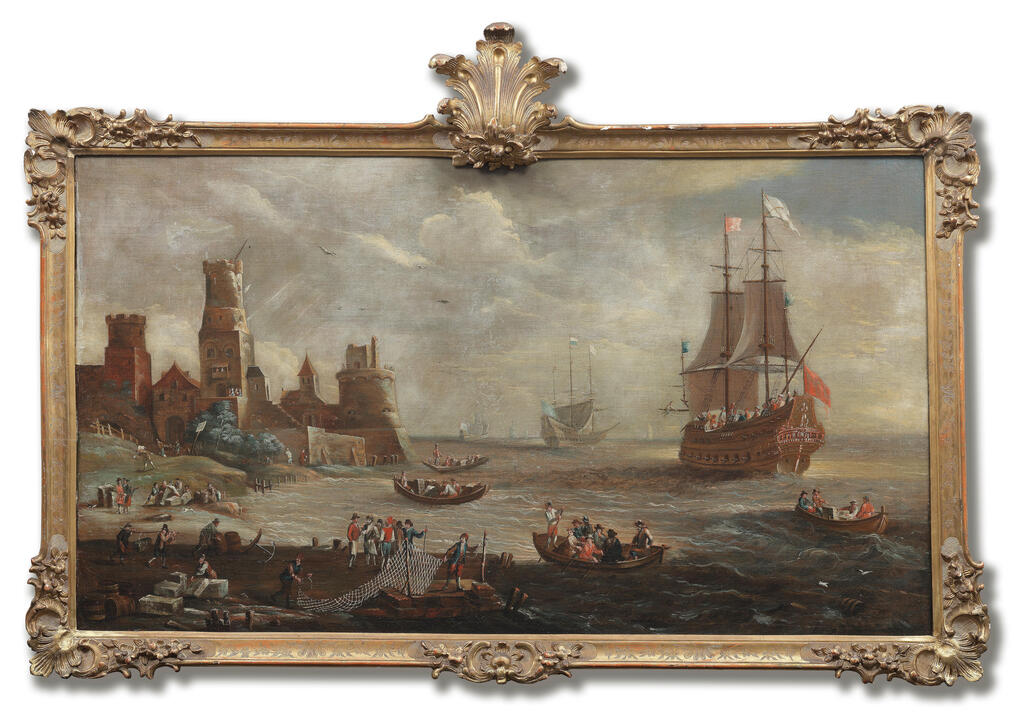 A Mediterranean harbour scene with fishermen on the shore