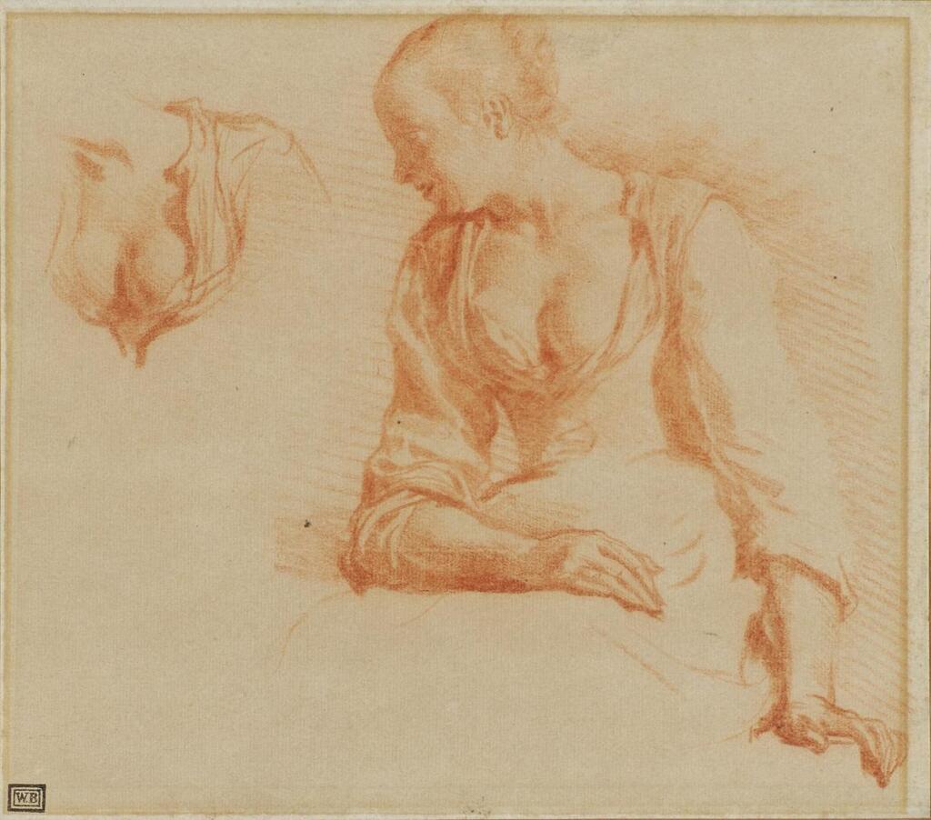 Studies of a seated peasant woman with an open bodice