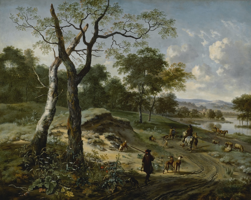 WOODED EVENING LANDSCAPE WITH A HUNTER AND HIS DOGS, ANOTHER HUNTER ON HORSEBACK CONVERSING WITH A PEASANT, A FISHERMEN AND A FALCONER CARRYING A HOOP OF FALCONS ON A PATH, A WAGON AND OTHER FIGURES BY A LAKE BEYOND