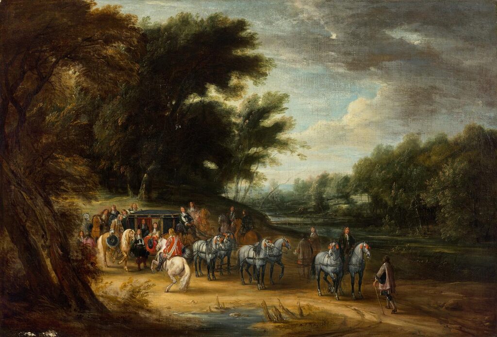 A nobleman in a state coach at rest escorted by his men and horses, with a gentleman on a white horse approaching and landscape beyond, traditionally identified as the meeting of the Duke of Lorraine and Marshal Turenne, an incident of the Thirty-Years' War