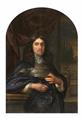 Portrait of a Man leaning on a Balustrade in a dark blue Cloak before a red Curtain with a Garden with Statues in the Background