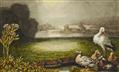 Stork and Ducks in Summer Landscape 
In addition: Two pencil sketches with storks