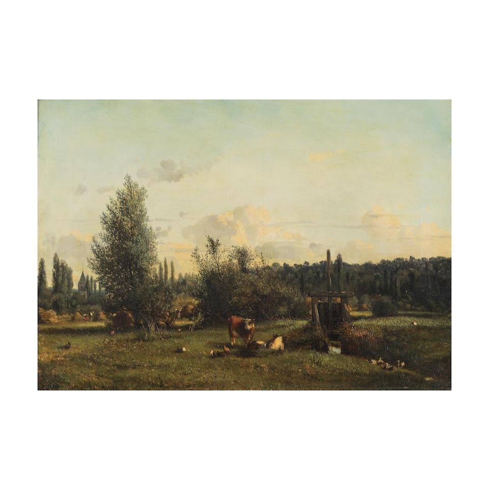 Paysage de campagne animé avec vaches et figures au lointain