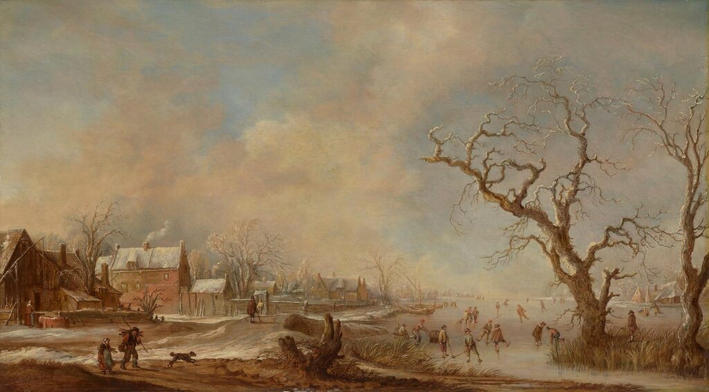A winter landscape with skaters and kolf players on a frozen river