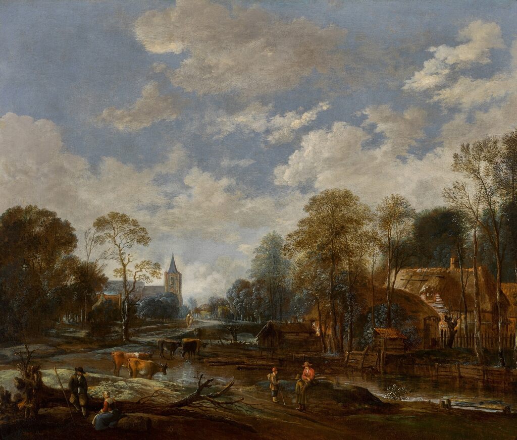Village landscape featuring a road and canal with a church-tower on the left, a watermill to the right, with figures and cows