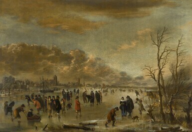 Winter landscape with figures skating and playing kolf on a frozen river