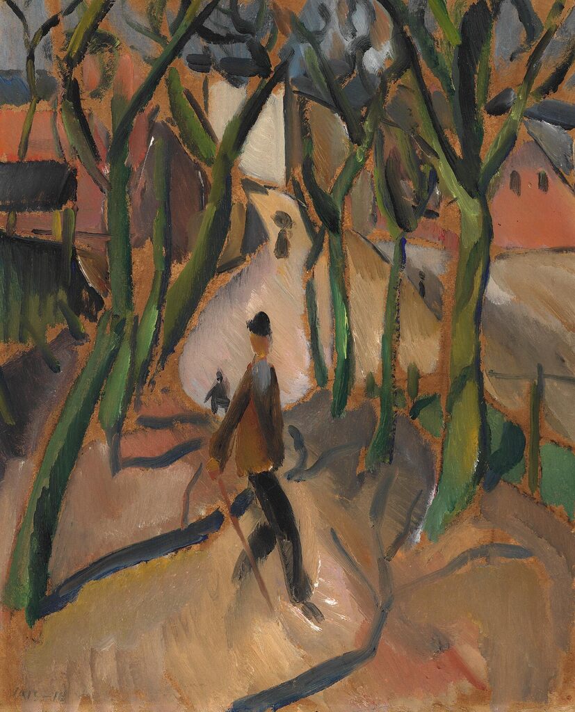 Jais Nielsen: Walking figures. Signed Jais 16. Oil on cardboard. 42 x 34 cm