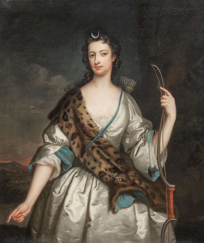Portrait of a lady, as Diana, three-quarter-length, with a leopard shawl