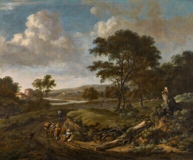 A wooded river landscape with travellers resting and conversing on a path, a castle beyond