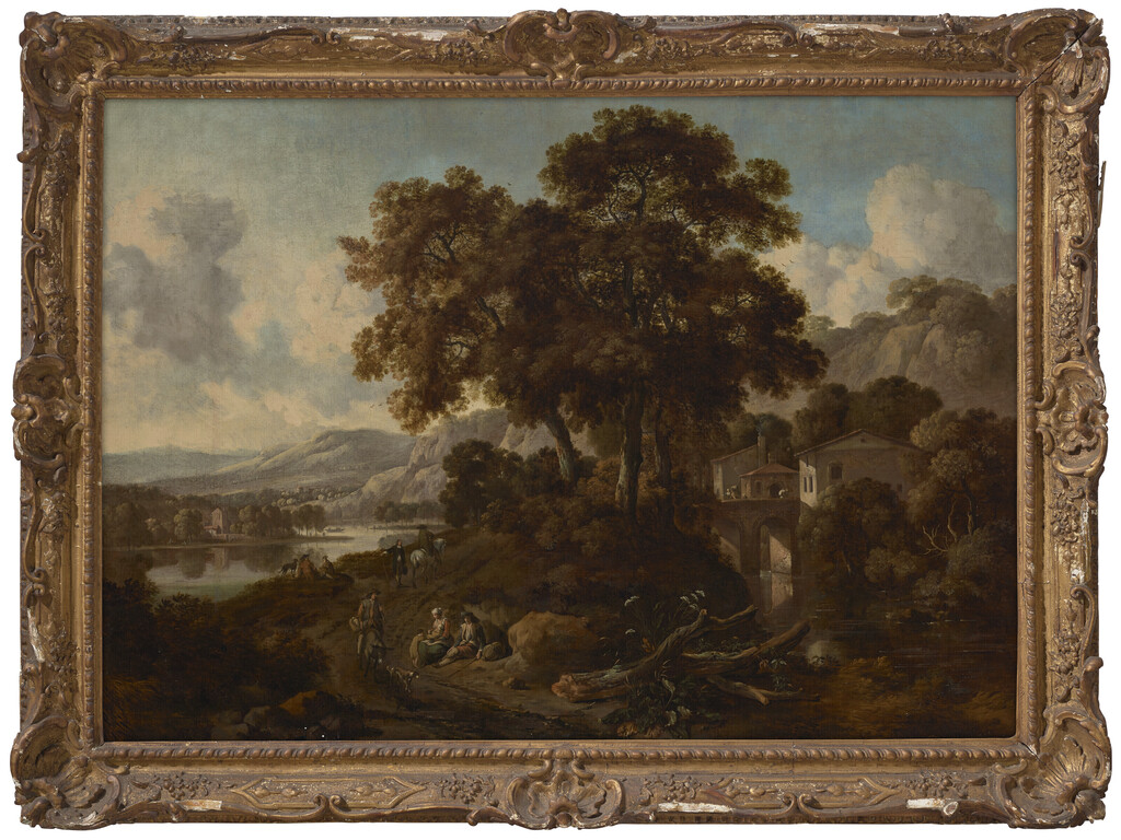 An Italianate wooded landscape with a river