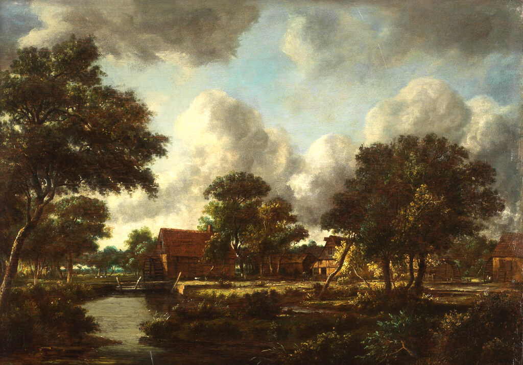 A wooded landscape with water mills