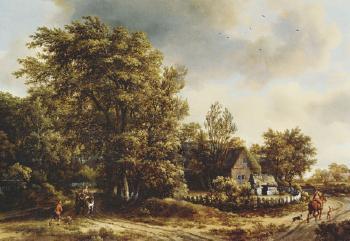 Wooded landscape with travellers on a track by a cottage