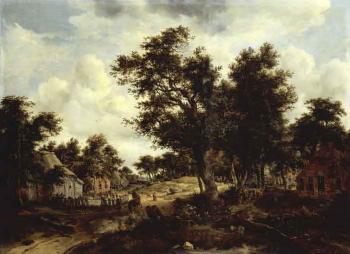 Wooded landscape with travellers on a path through a hamlet