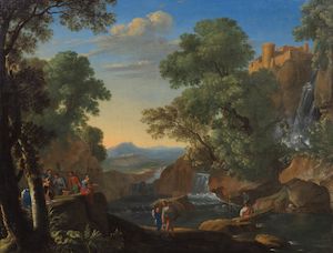 Herman van Swanevelt (Woerden circa 1600-1665 Paris) Italianate landscape with figures fishing by a stream framed: 130 x 105cm