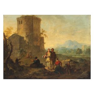 Franz de Paula Ferg (Vienna 1689-1740 London) An Italianate landscape with a family resting in the foreground framed 33 x 42cm