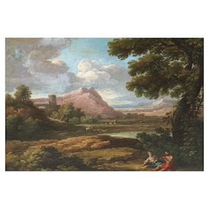 Jan Frans van Bloemen, called Orizzonte (Antwerp 1662-1749 Rome) An extensive river landscape with figures in the foreground framed: 39 x 51cm