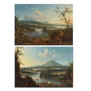 Louis Chalon (Amsterdam 1687-1741) An extensive Rhenish landscape with figures unloading from boats; and An extensive river landscape with travellers lower left, and a hilltop castle in the distance (2) framed, each: 44 x 57.6cm