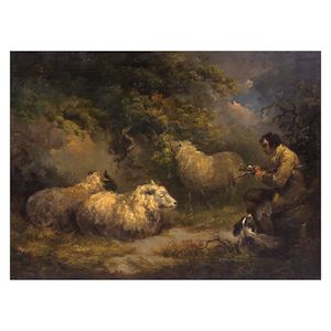 George Morland (London 1763-1804) A shepherd with his flock framed: 56 x 71.5cm