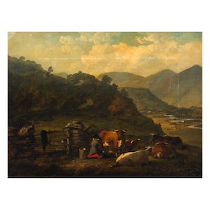 Julius Caesar Ibbetson (Fulneck 1759-1817 Masham) An extensive river landscape with a milkmaid and her herd in a field framed: 40.9 x 51cm