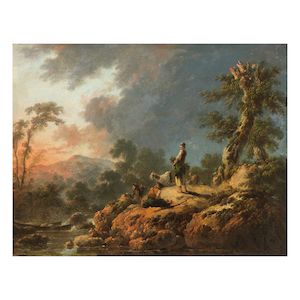 Jean Pillement (Lyon 1728-1808) A river landscape with goatherds and their flock resting on the banks framed: 51.5 x 60.5cm in a carved and gilt frame