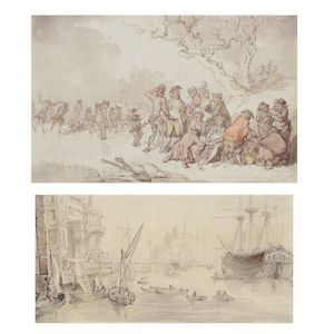 Thomas Rowlandson (London 1756-1827) A skating party on the Serpentine framed: 33.2 x 41.3cm (with a grey wash drawing by the same hand of the Thames at Limehouse (2))