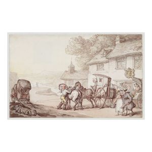 Thomas Rowlandson (London 1756-1827) Journeying from a coastal inn framed: 33.5 x 41cm