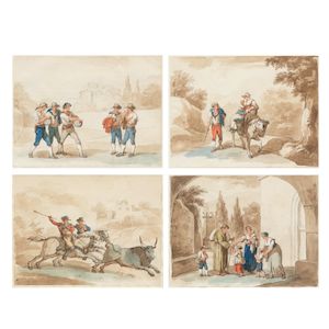 Bartolomeo Pinelli (Rome 1781-1835) A young family travelling on a country path; Figures bull hunting; Young men before the Roman campagna; and A monk visiting families (4)framed: 47.2 x 55.1cm