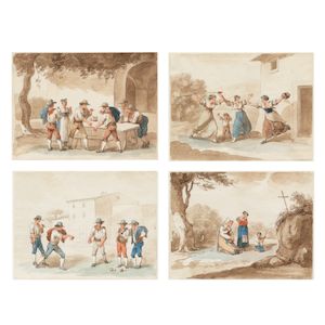 Bartolomeo Pinelli (Rome 1781-1835) Women fighting before a country house; A young family at a shrine; Figures drinking and playing games before a tavern; and Young men bowling (4)framed: 47.2 x 55.1cm