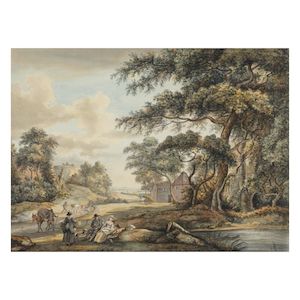 Paul Sandby R.A. (Nottingham 1730-1809 London) A drover and livestock in a wooded landscape with travellers resting nearby, an estuary in the distance framed: 68.5 x 83.9cm