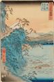 Ôban. Series: Gojûsan tsugi meisho zue. Title: 17. Yui, Satta tôge oya shirazu. Cliff view. Signed: Hiroshige hitsu. Publisher: Tsutaya Kichizô. Censor: aratame. Date: 7/1855.
...