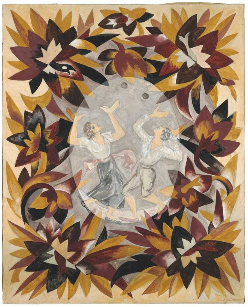 Ornamental study with two dancing figures in the style of Le Coq d'Or