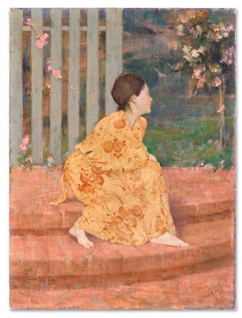 Femme en kimono on steps