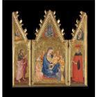 A triptych: The Madonna and Child with music-making angels, God the Father above; Saint John the Baptist in a pink cloak, the angel of the Annunciation above; Saint Jerome in cardinal's robes, the Virgin annunciate above