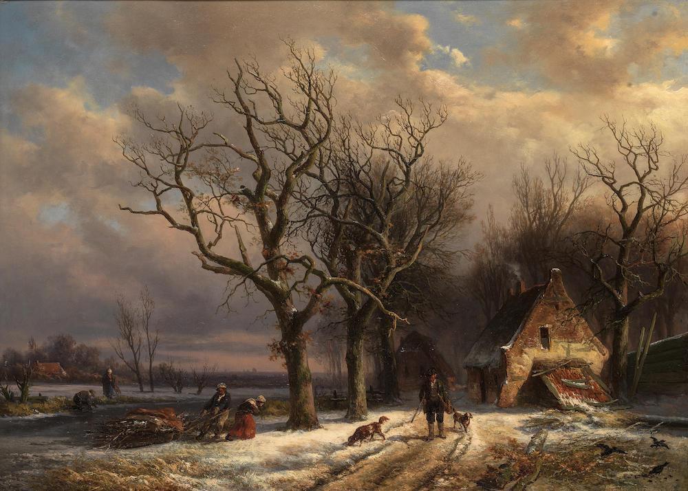 A winter landscape with figures collecting firewood, a huntsman passing