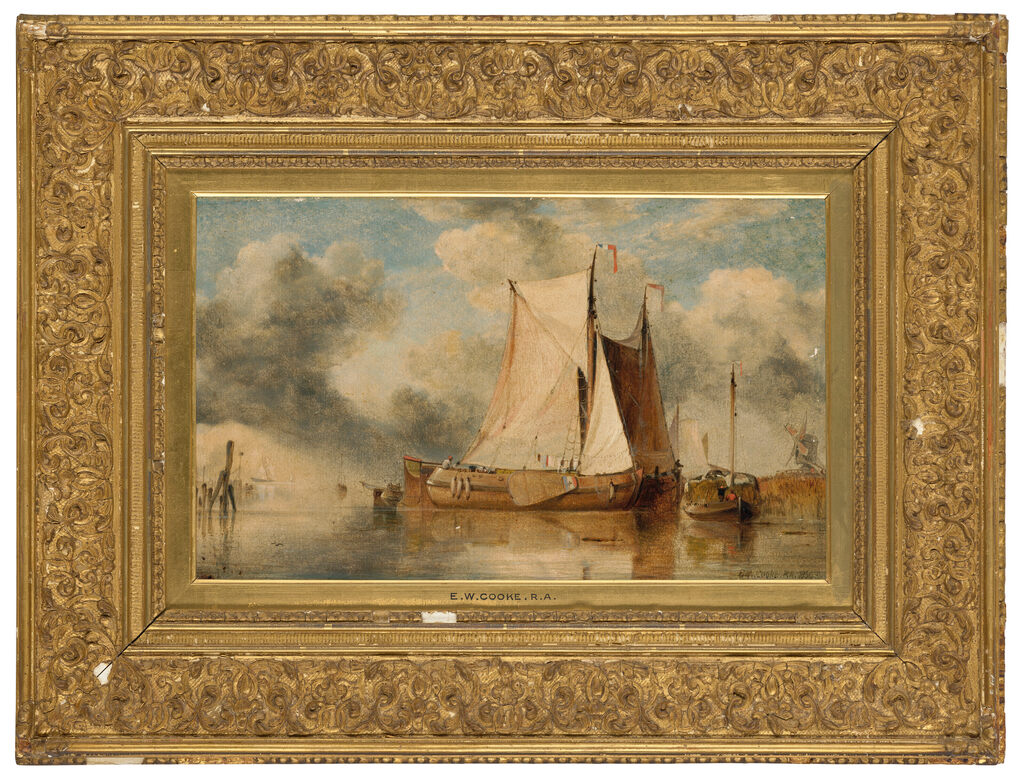 Dutch sailing boats on the Zuyder Zee with a distant windmill