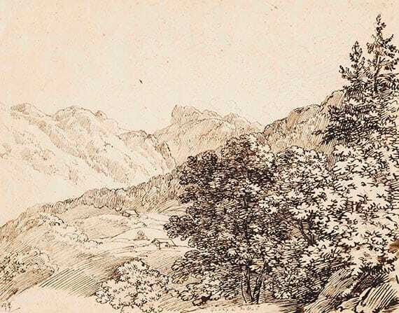 Gebirgslandschaft mit zwei Sennhütten