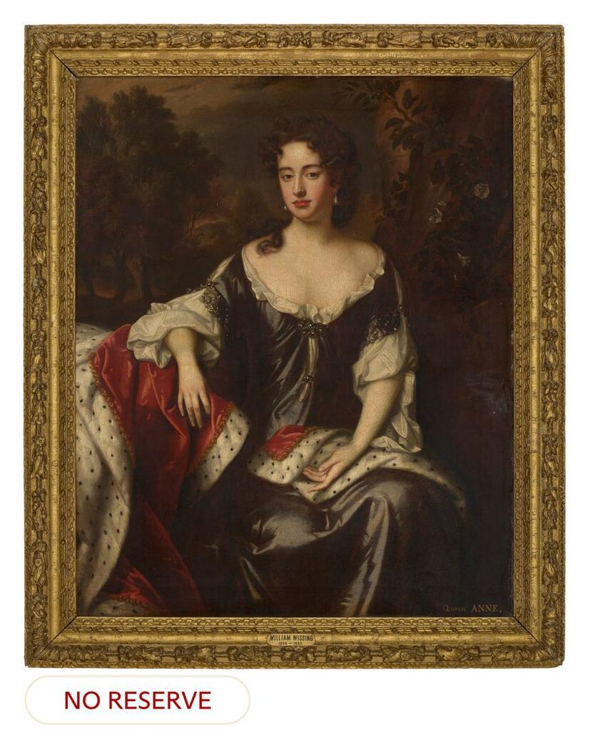 Portrait of Queen Anne (1665-1714), when Princess of Denmark, three-quarter-length, in a blue dress with ermine robes, seated in a landscape