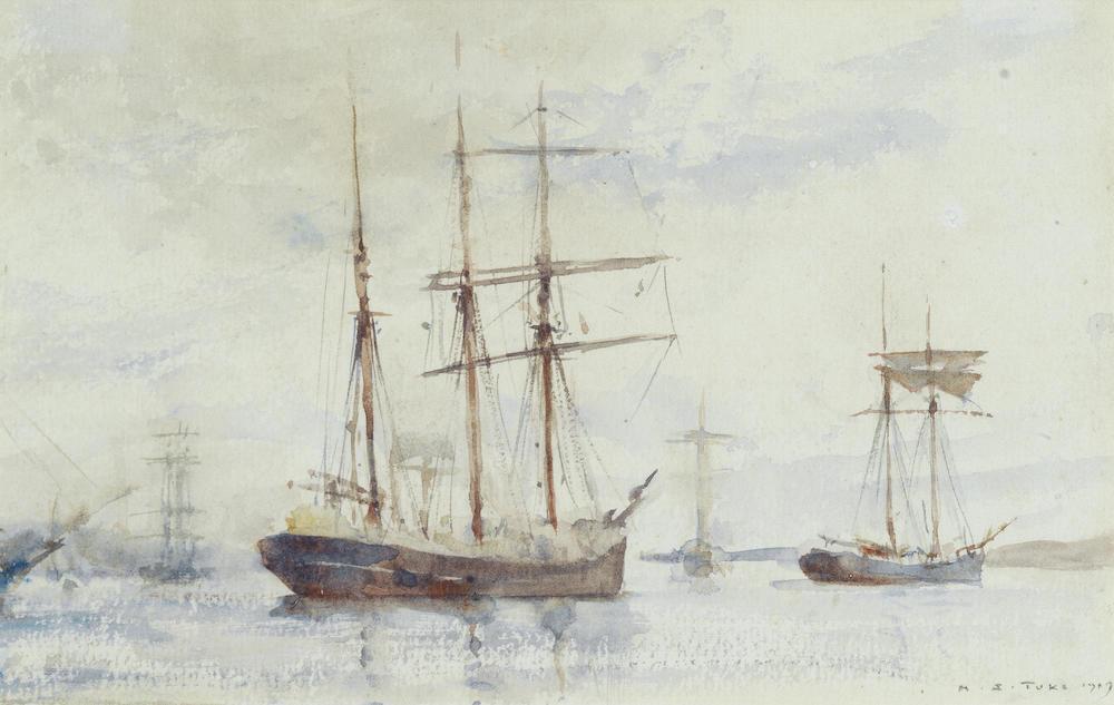 Ships anchored under calm skies